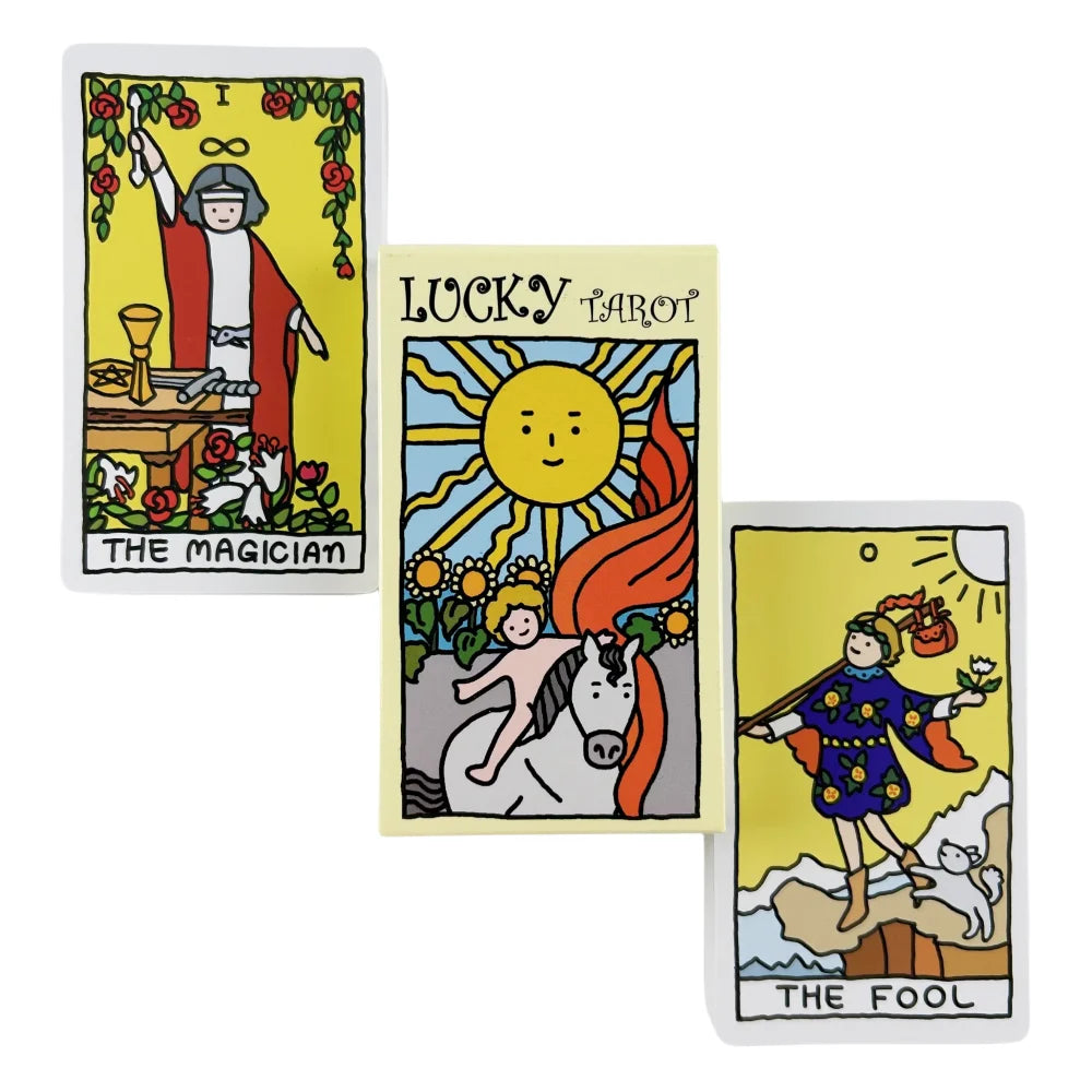 Three colorful cartoon tarot cards: The Magician, a Lucky Tarot box with a sun, and The Fool.