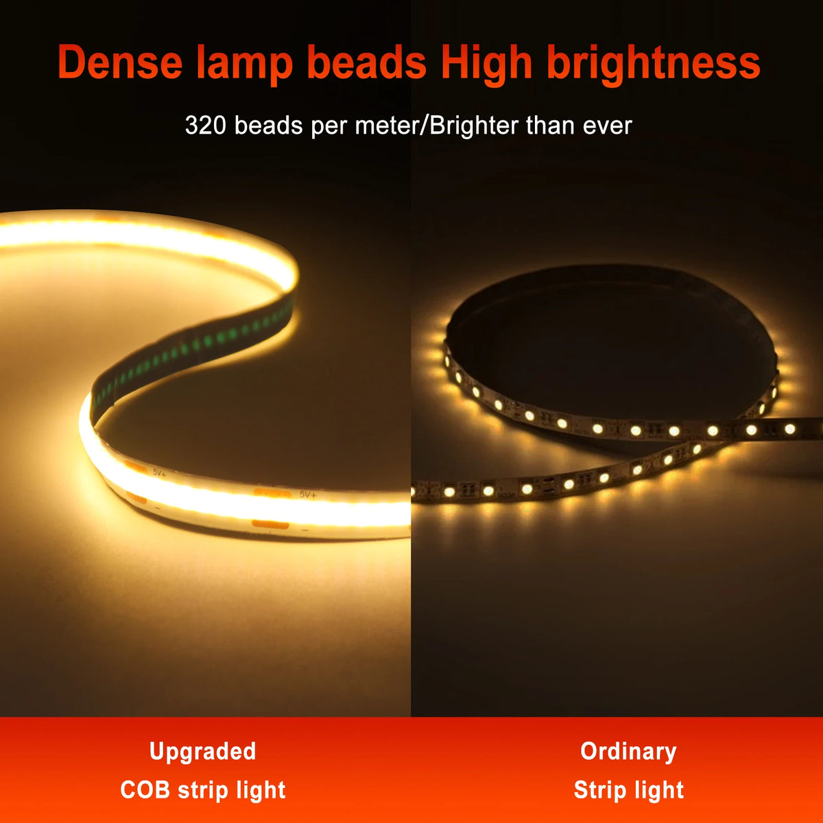 Comparison of an upgraded, seamless COB LED strip emitting a smooth warm glow versus an ordinary visible LED strip.