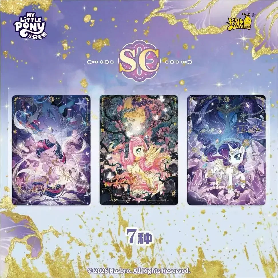 Three My Little Pony trading cards on a purple background with gold foil accents, featuring Twilight Sparkle, Fluttershy, and Rarity.