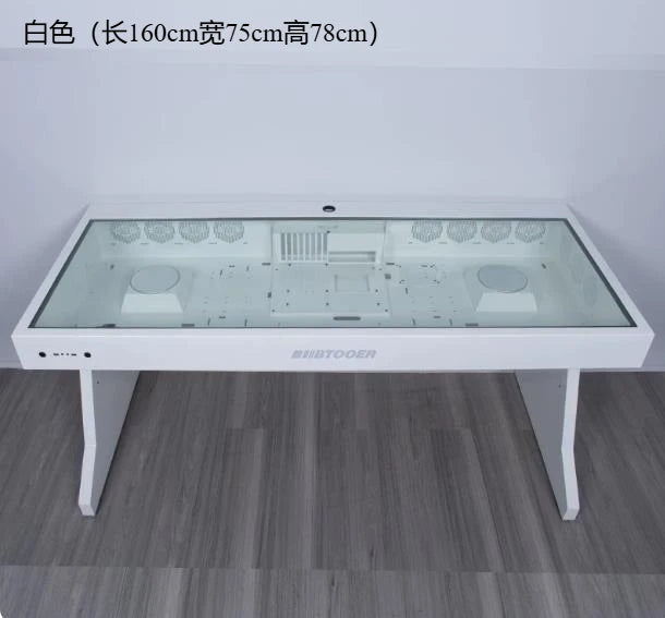 White computer desk with a glass top, integrated PC case interior, and dimensions text at the top.
