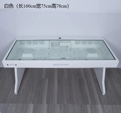 White computer desk with a glass top, integrated PC case interior, and dimensions text at the top.