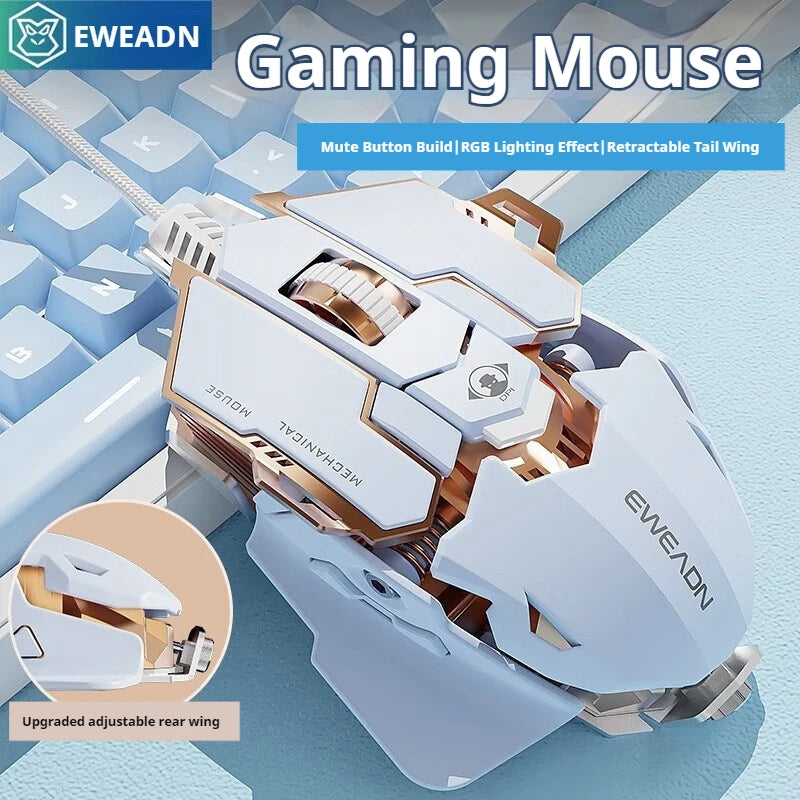 White and gold mechanical gaming mouse resting on a blue keyboard.