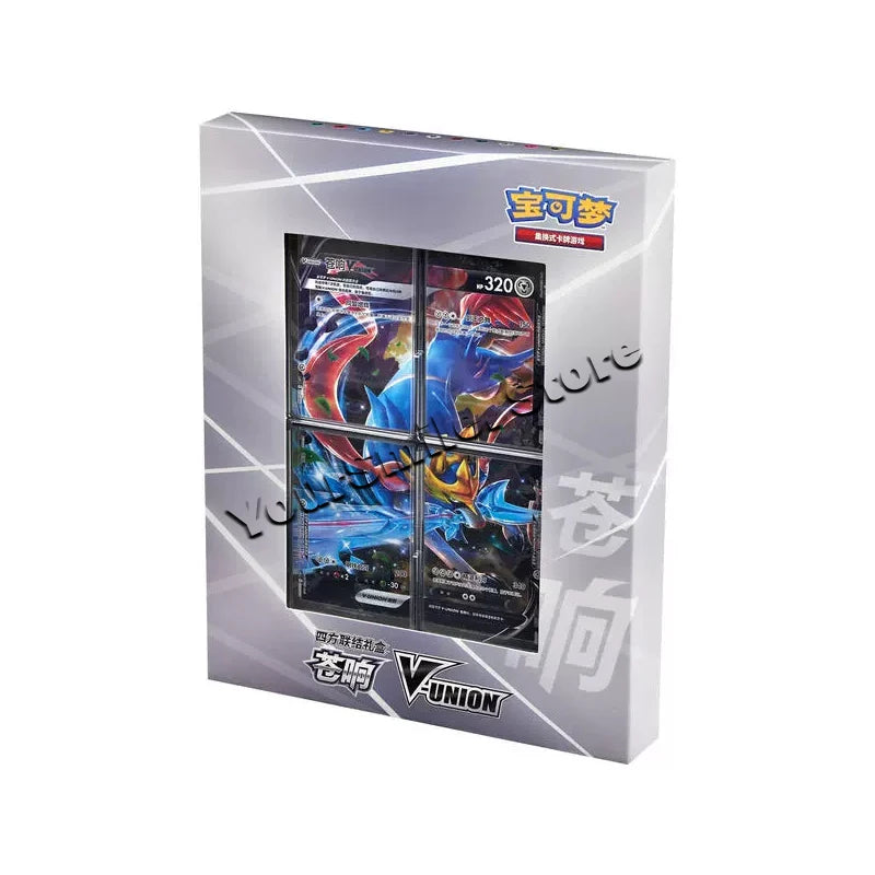 Grey and white Pokemon V-Union box displaying four trading cards with blue and red character art.