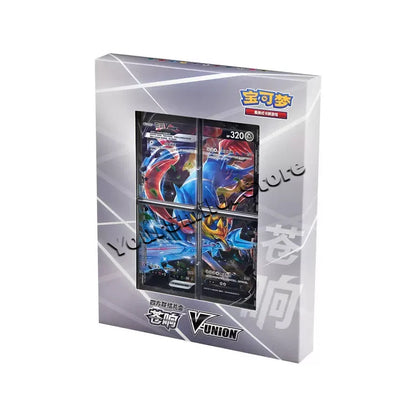 Grey and white Pokemon V-Union box displaying four trading cards with blue and red character art.