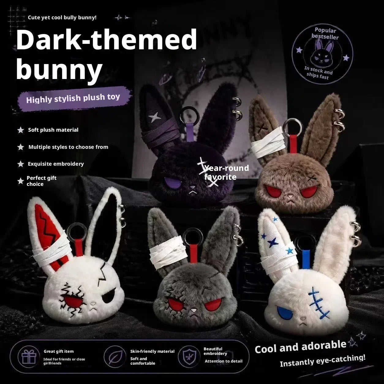 Gothic Bunny Plush Keychain Rabbit Bag Charm with Bandage Design Kawaii Key Ring Pendant Car Bag Ornament Gift