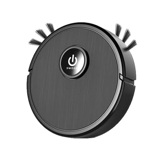 Round black smart robot vacuum with a central power button and side brushes.