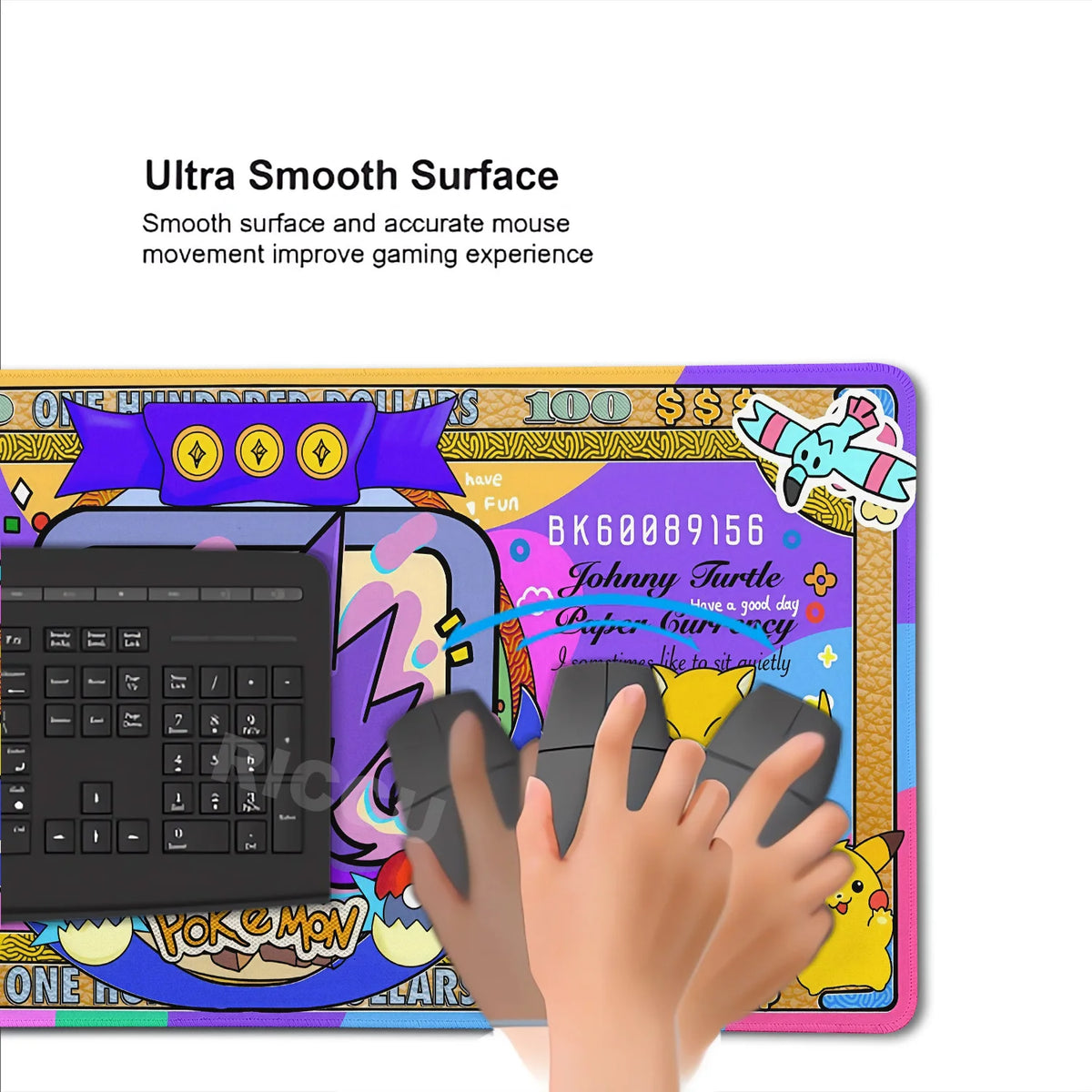 Colorful Pokemon desk mat featuring banknote designs, Pikachu, and Gengar graphics with a keyboard.