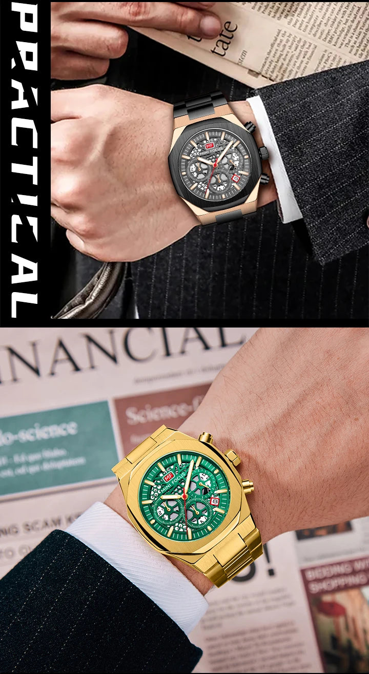 MINI FOCUS Motley Chronograph Quartz Watches Men Stainless Steel Business Sport Wristwatch with Luminous Hands Auto Date 0411