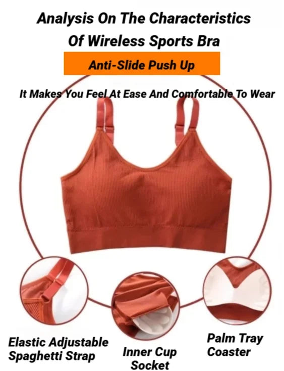An orange, seamless wireless sports bra with adjustable straps and removable palm-shaped cup inserts.