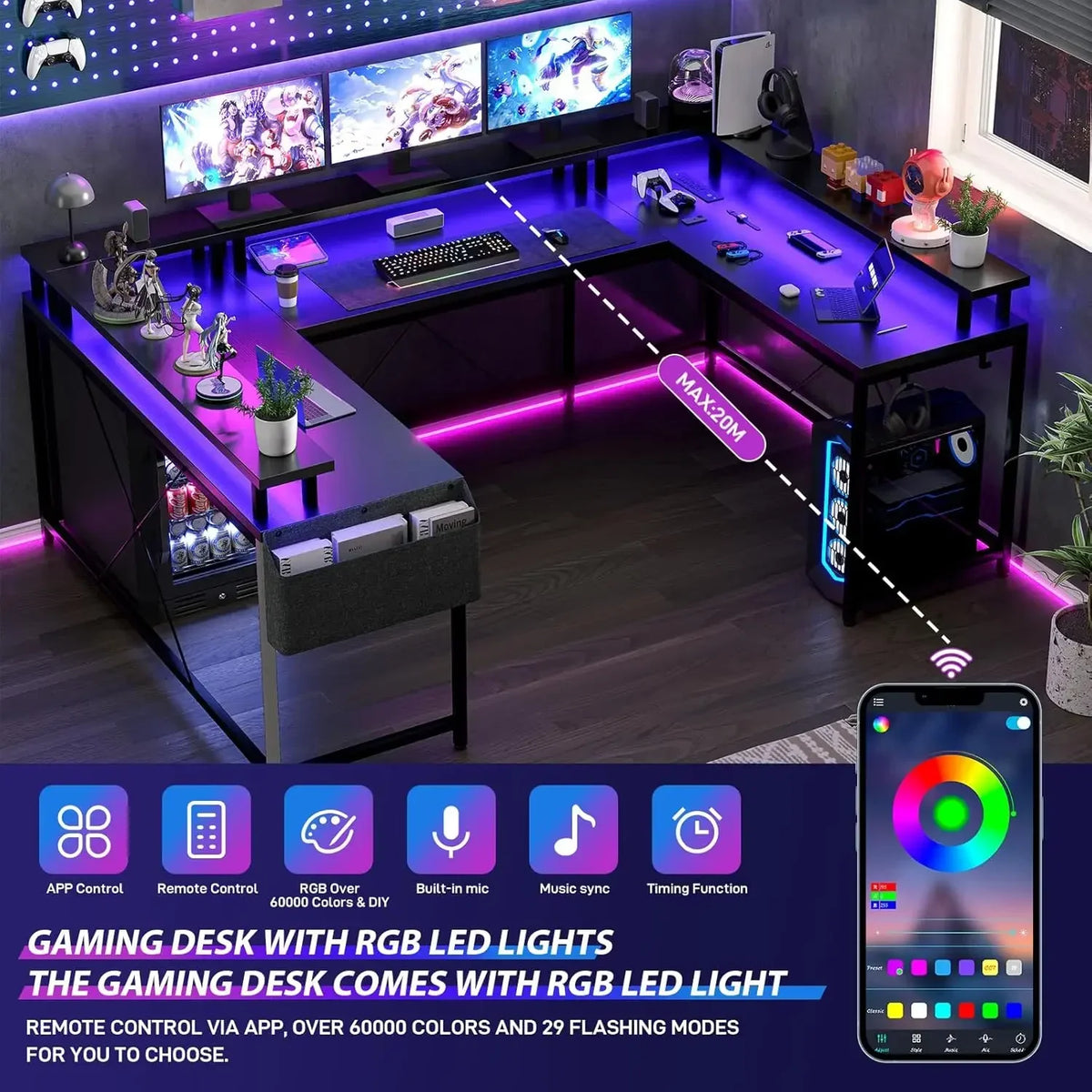 Black U-shaped gaming desk with monitors, RGB lighting, a mini fridge, and a smartphone app color wheel.