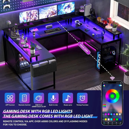 Black U-shaped gaming desk with monitors, RGB lighting, a mini fridge, and a smartphone app color wheel.