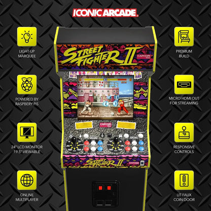 Street Fighter II home arcade cabinet with yellow accents, dual controls, and screen showing gameplay.