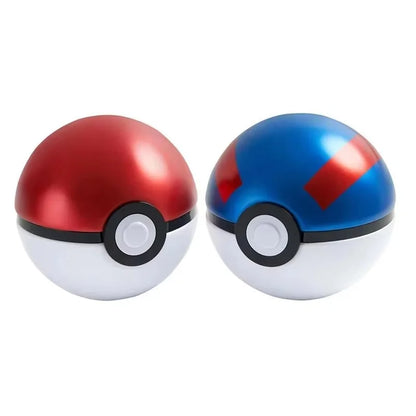 Two metal Pokémon balls: a red Poké Ball and a blue Great Ball with red stripes, each with a white bottom and central button.