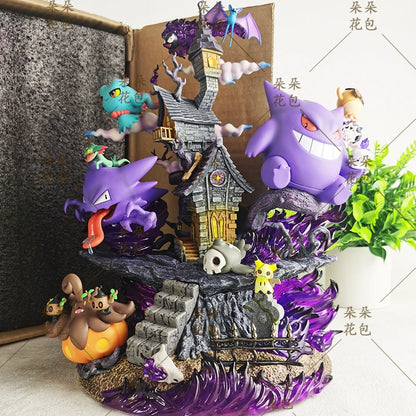 Colorful Gengar and ghost-type Pokemon figures around a haunted house on a purple flame base.