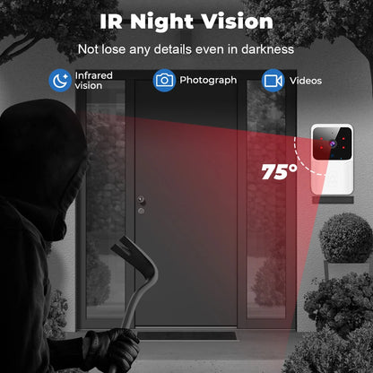 A person in dark clothing and a gloved hand holding a crowbar faces a white and black doorbell camera.