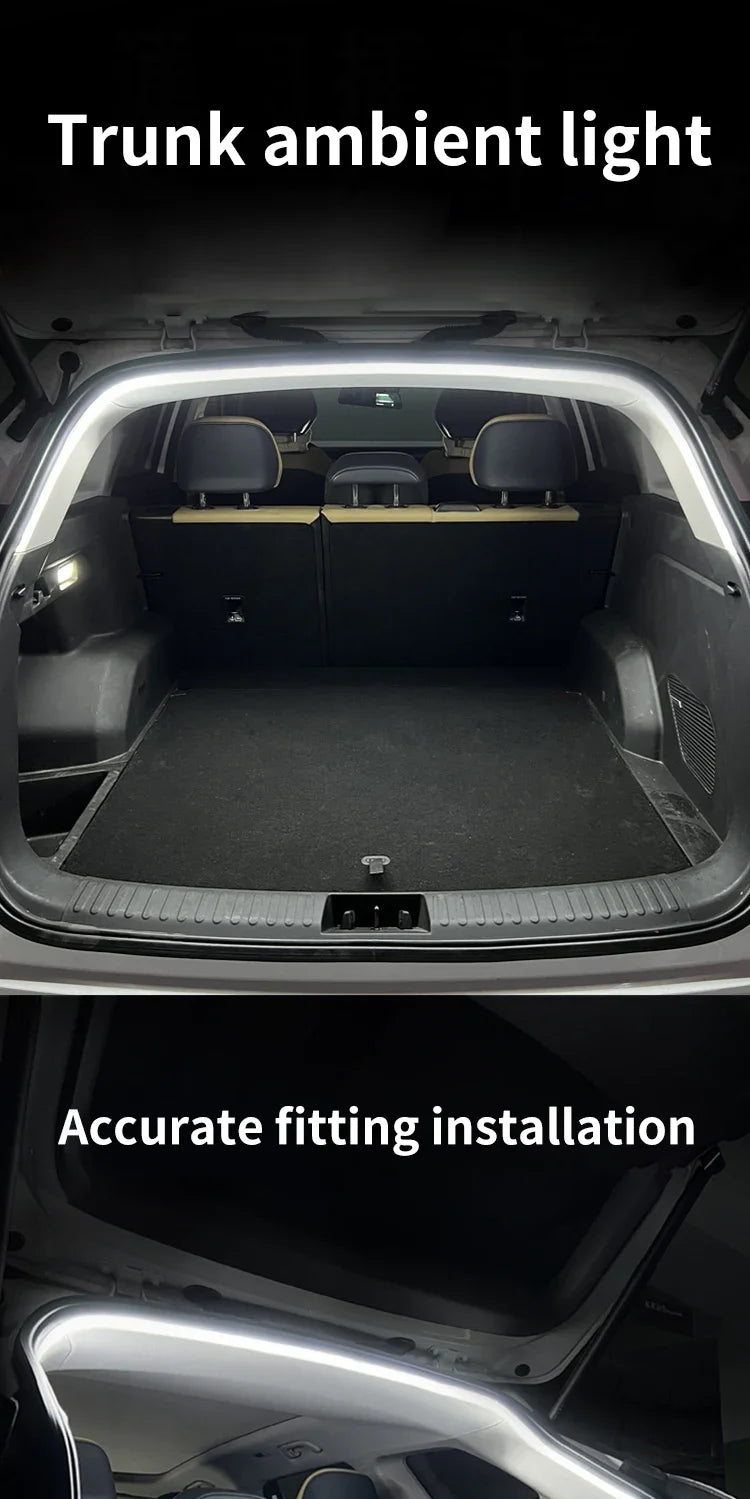 A bright white LED light strip is installed along the top edge of an open car trunk, illuminating the dark interior.