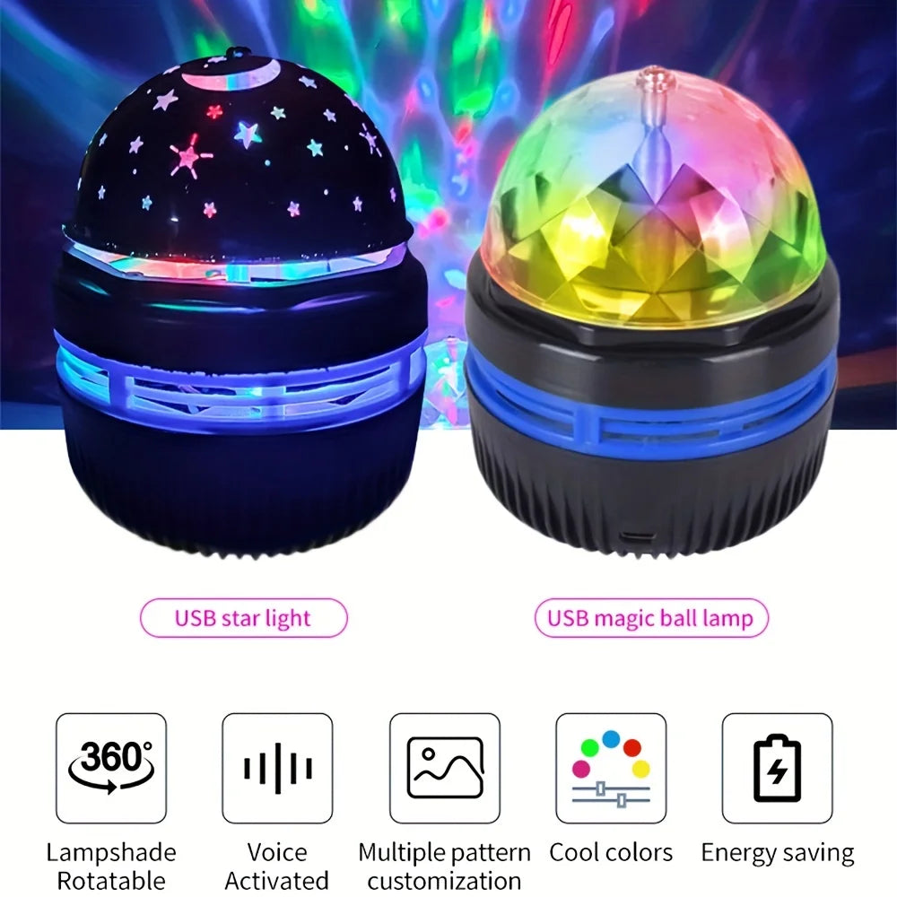 Two LED projectors with black bases: one has a star-patterned shade, the other a multi-faceted dome.