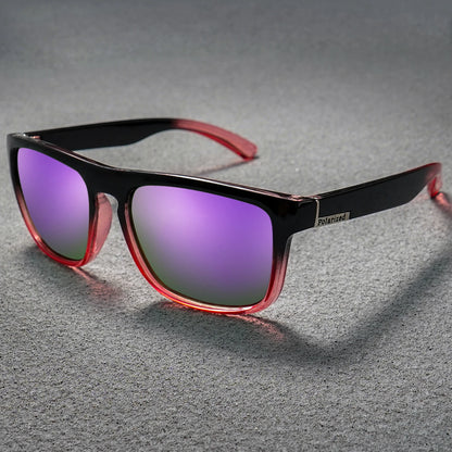 Square polarized sunglasses with black-to-pink gradient frames and reflective purple lenses on a gray surface.