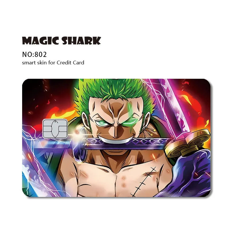Anime card skin featuring a green-haired character biting a purple sword against a fiery, lightning-filled background.