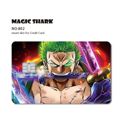 Anime card skin featuring a green-haired character biting a purple sword against a fiery, lightning-filled background.