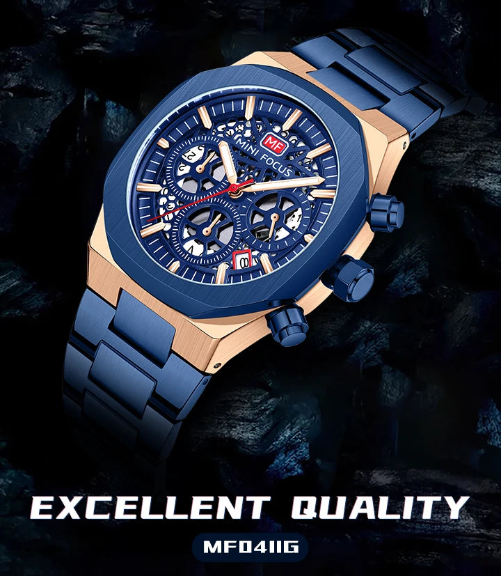 MINI FOCUS Motley Chronograph Quartz Watches Men Stainless Steel Business Sport Wristwatch with Luminous Hands Auto Date 0411