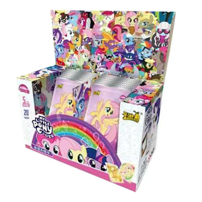 My Little Pony trading card display box in pink and white, featuring character art and foil packs.
