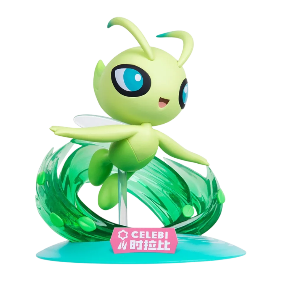 Light green Celebi action figure flying above a translucent green wave base with a pink nameplate on the front.