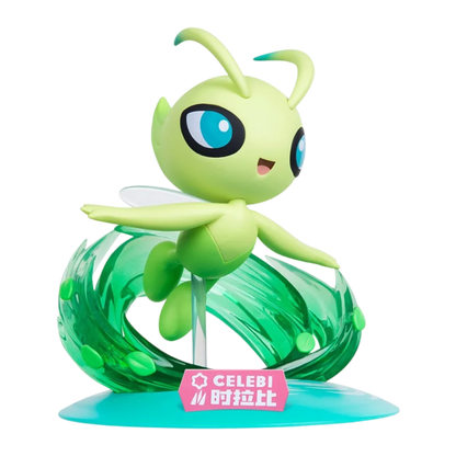 Light green Celebi action figure flying above a translucent green wave base with a pink nameplate on the front.