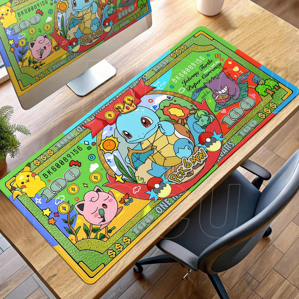 Green desk mat featuring Pokémon banknotes with Pikachu, Squirtle, Jigglypuff, and Gengar.