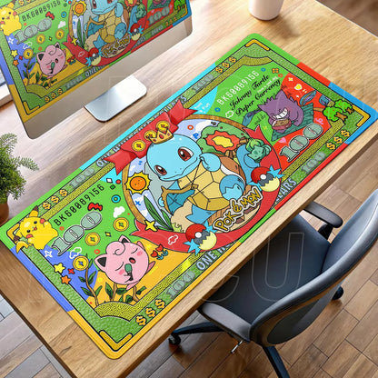 Green desk mat featuring Pokémon banknotes with Pikachu, Squirtle, Jigglypuff, and Gengar.