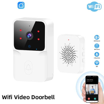 White WiFi video doorbell with camera, night vision LEDs, and a separate wireless chime.
