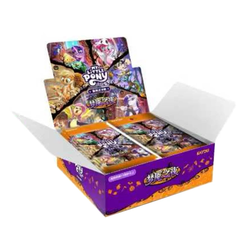 Open purple and orange My Little Pony card booster box filled with foil packs, featuring colorful pony artwork.