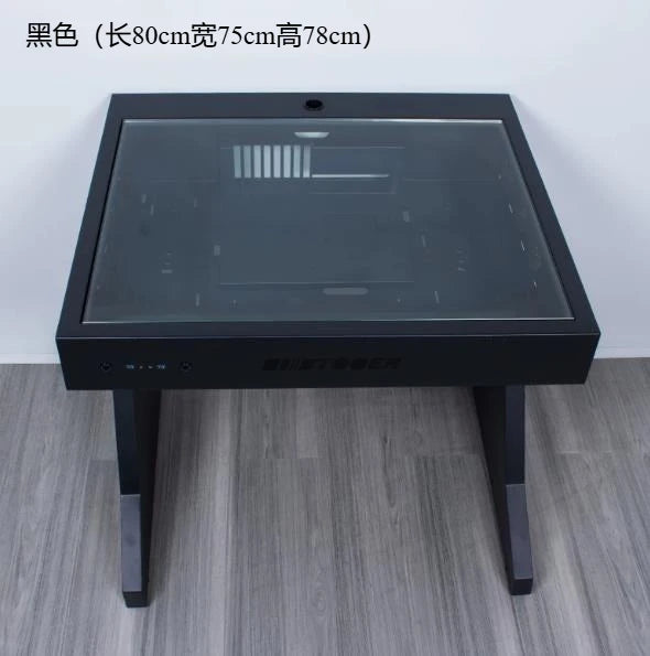 Black computer desk with a glass top and internal chassis compartments, sized 80x75x78cm.