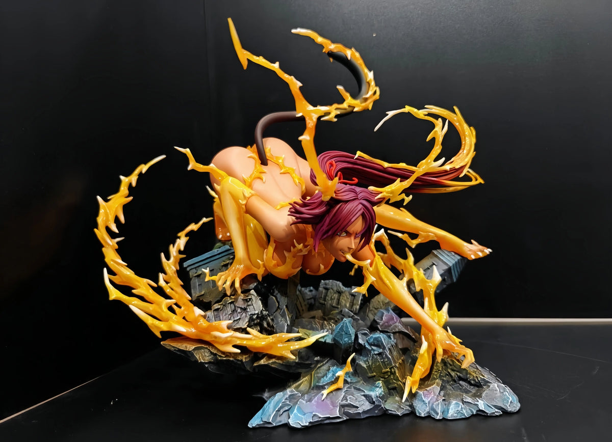 Yoruichi Shihouin figure in feral form, surrounded by yellow lightning effects atop a rocky base.
