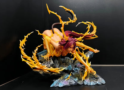 Yoruichi Shihouin figure in feral form, surrounded by yellow lightning effects atop a rocky base.