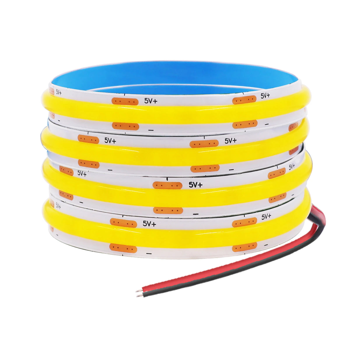 A roll of flexible yellow COB LED strip light with red and black wires.