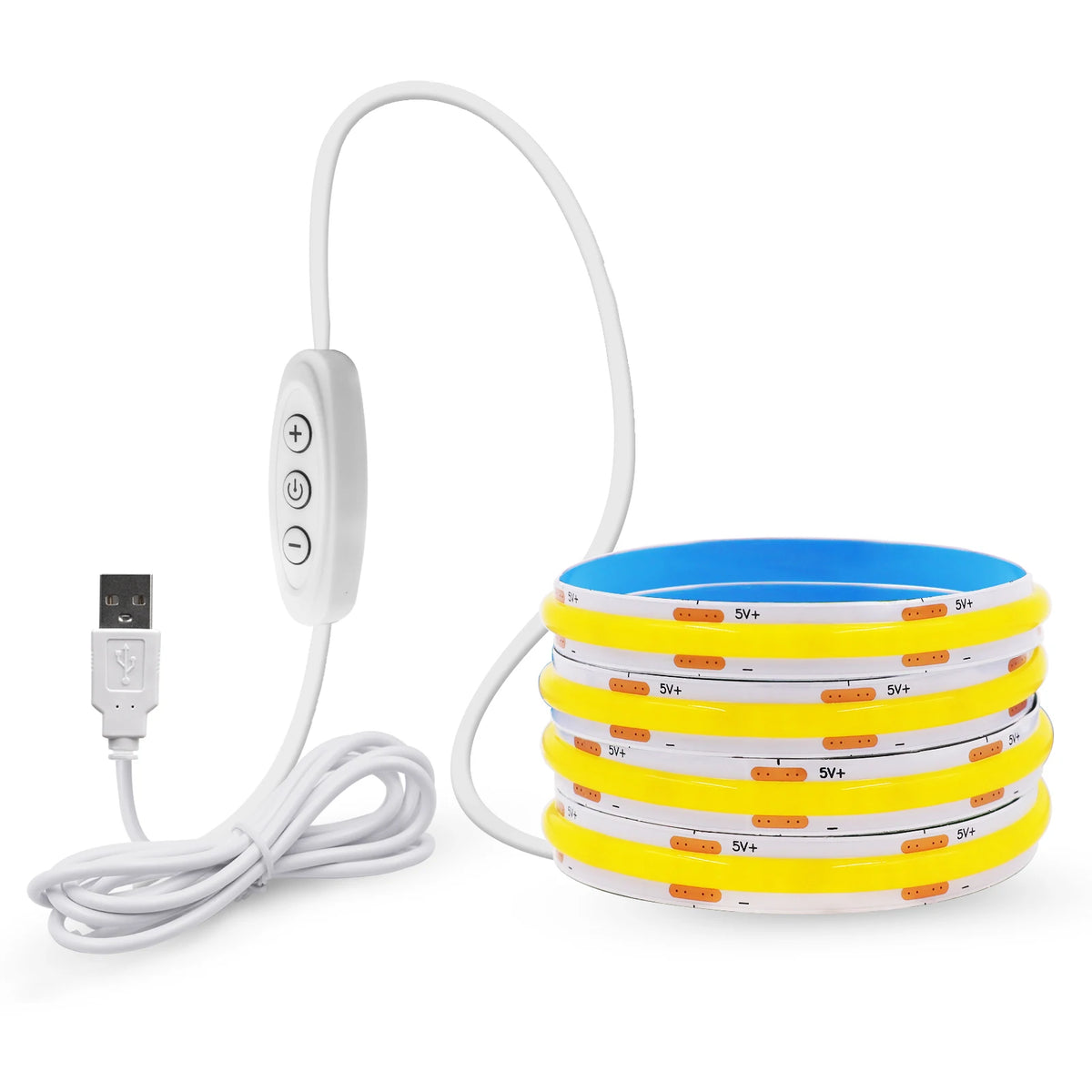 Coiled yellow COB LED strip with USB plug and white 3-button touch control switch on a cord.