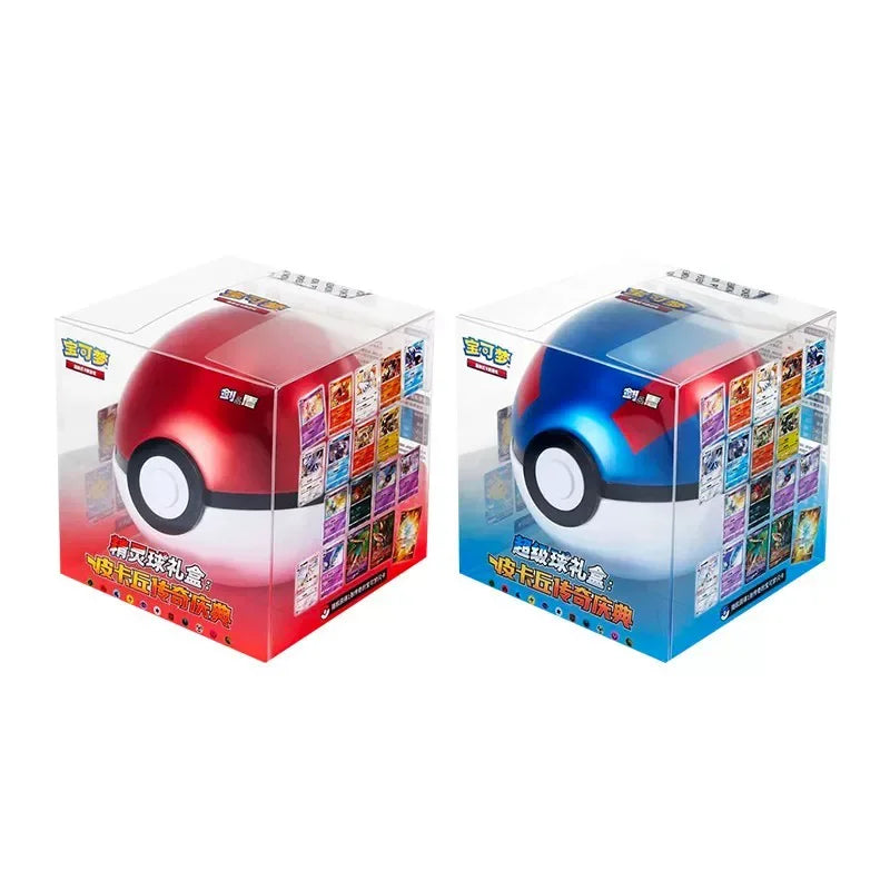 Two round Pokemon gift boxes in clear cubes: one red Poke Ball and one blue Great Ball.