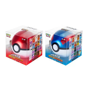 Two round Pokemon gift boxes in clear cubes: one red Poke Ball and one blue Great Ball.