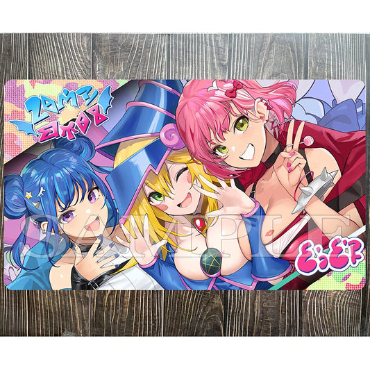 Yu-Gi-Oh! playmat featuring three anime girls with blue, blonde, and pink hair, surrounded by colorful abstract patterns.