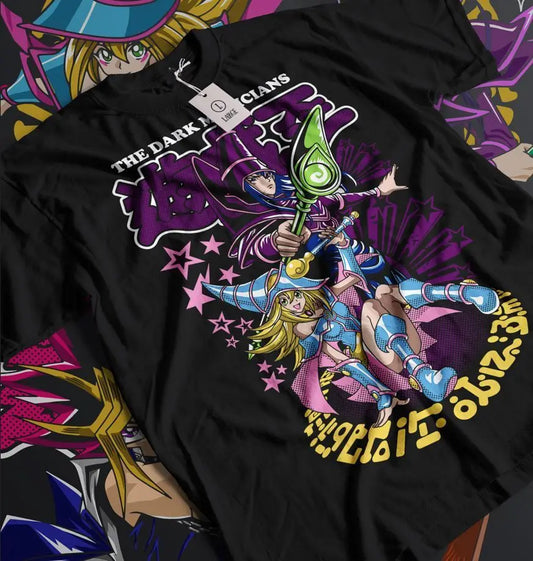 Black T-shirt featuring Dark Magician and Dark Magician Girl graphics with purple, pink, and yellow details.