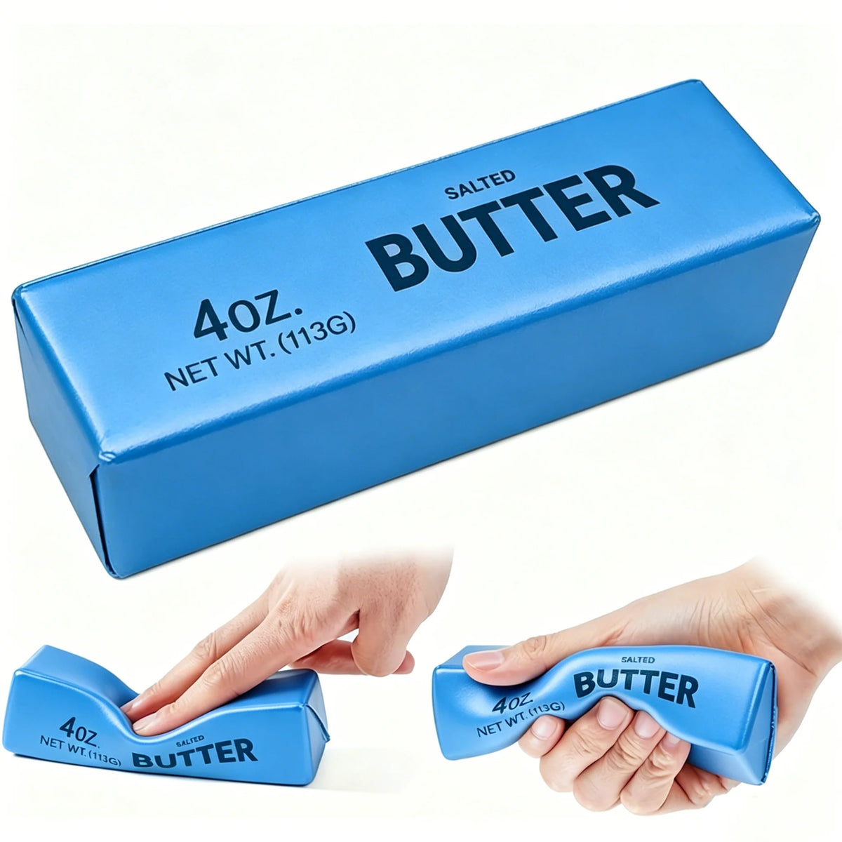 A blue rectangular stress toy resembling a butter stick, printed with "SALTED BUTTER" and "4oz. NET WT. (113G)".