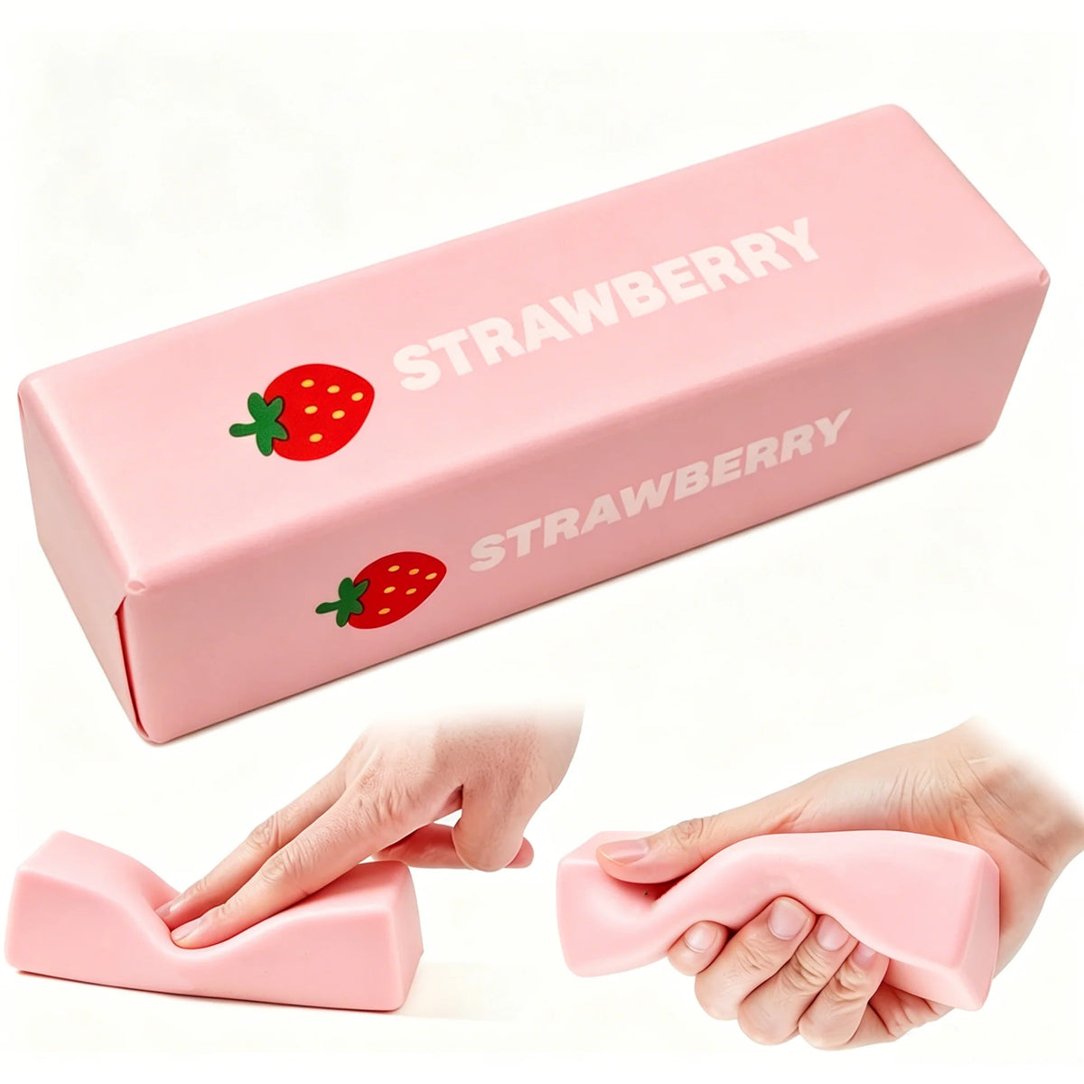 Pink strawberry-themed stick toy with "STRAWBERRY" text, shown being squeezed by hands.