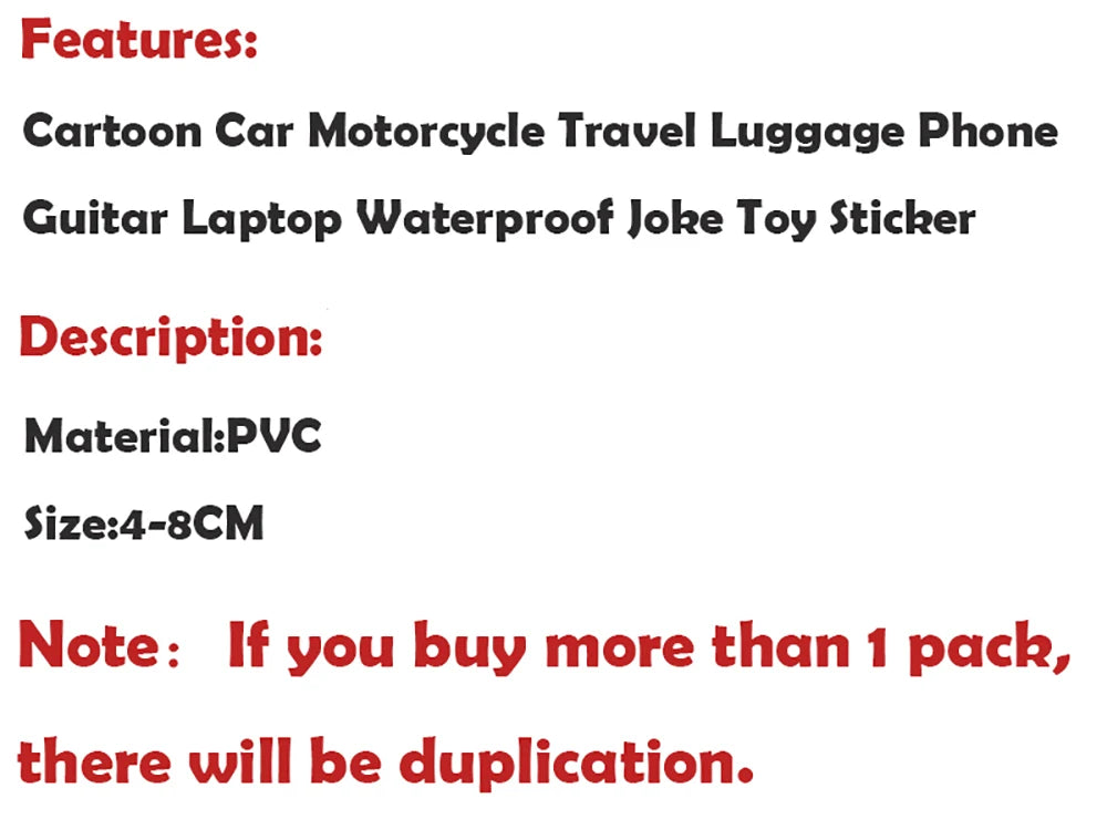 Black text on white background detailing product features, description, PVC material, size, and packaging notes in red and black.