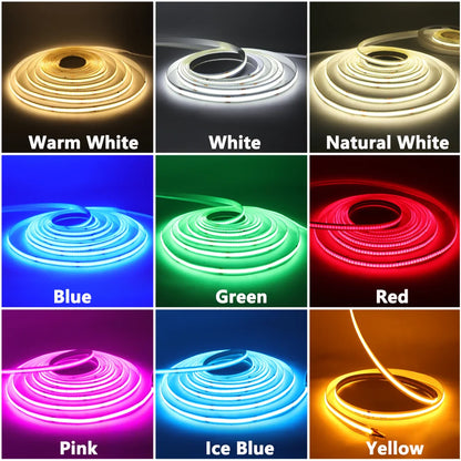 Nine coils of COB LED strip lights in warm white, white, natural white, blue, green, red, pink, ice blue, and yellow.