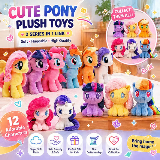 Assortment of colorful My Little Pony plush toys in standing and sitting poses.