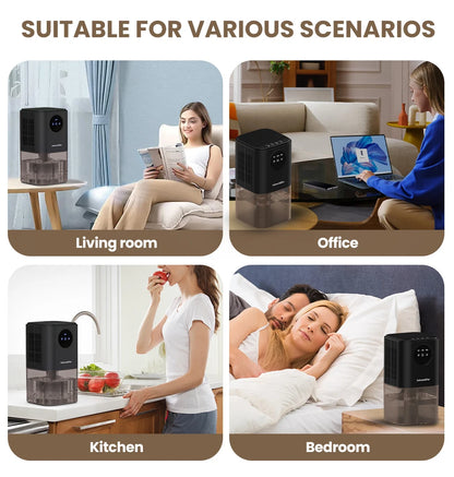Four panels show a black portable dehumidifier in a living room, office, kitchen, and bedroom.