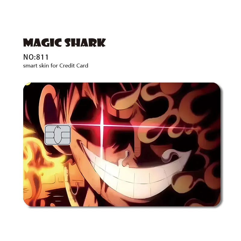 Card skin featuring a shadowed anime character with glowing red eyes, a wide white grin, and fiery orange and black tones.