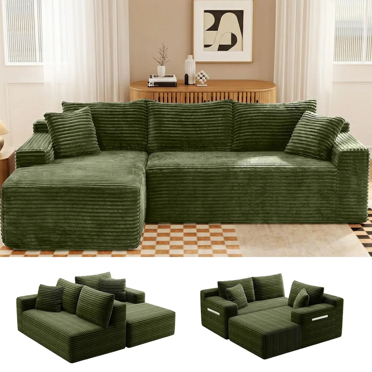 Olive green corduroy L-shaped sectional sofa with matching throw pillows, shown assembled and in modular parts.