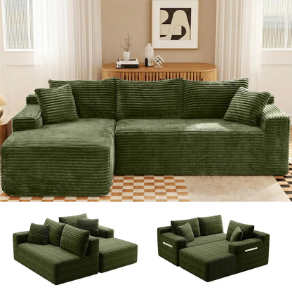 Olive green corduroy L-shaped sectional sofa with matching throw pillows, shown assembled and in modular parts.